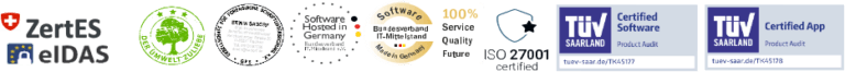 списък със сертификати на getInSign - ZertES, eIDAS, SW created and hosted in Germany, ISO27001 certified, TUEV Saarland